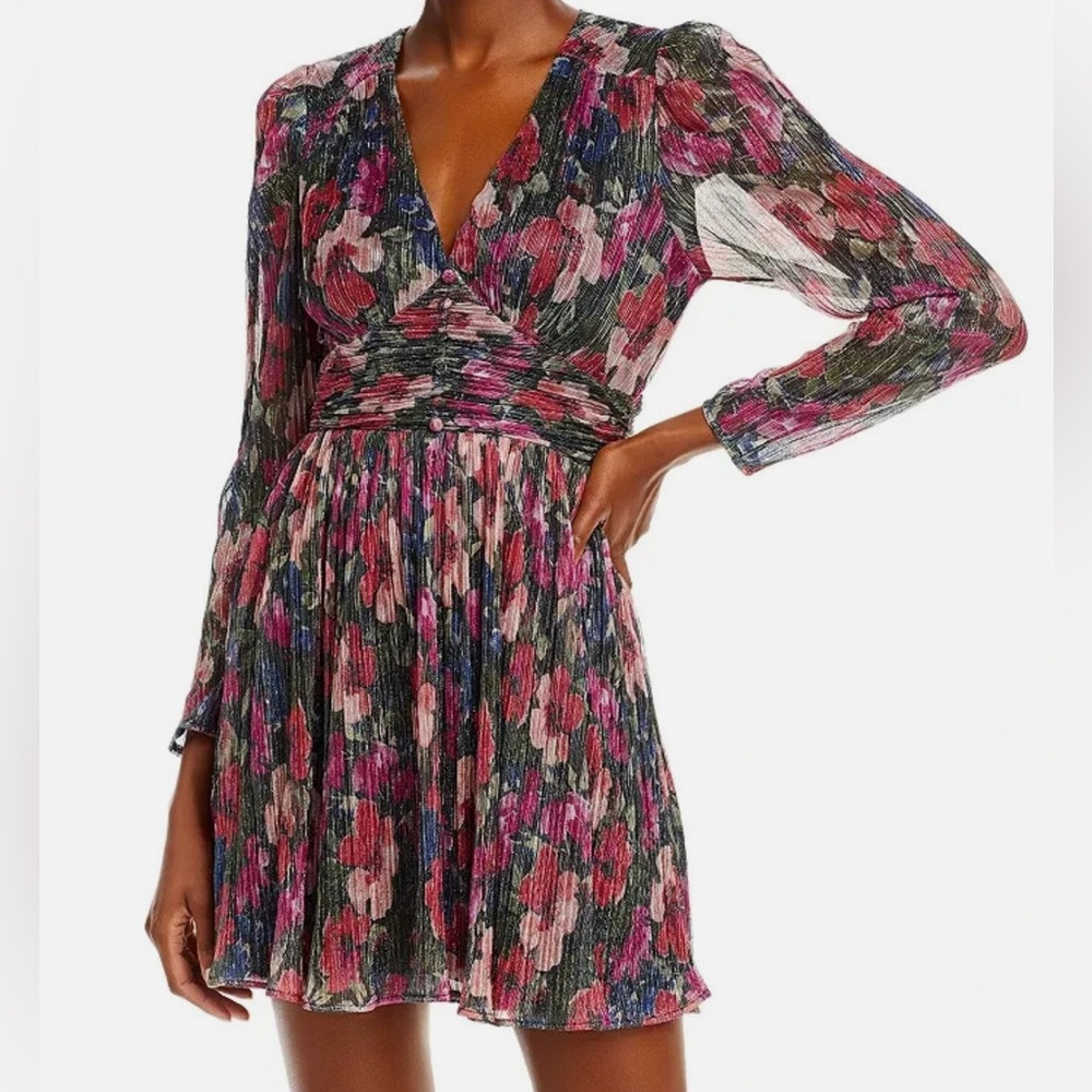 AQUA Vibrant V-Neck Long Sleeve Metallic Floral Dress